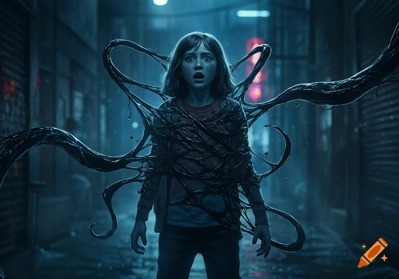 Terrified girl enveloped by black symbiote tendrils in a dark, neon-lit alleyway, looking distressed.