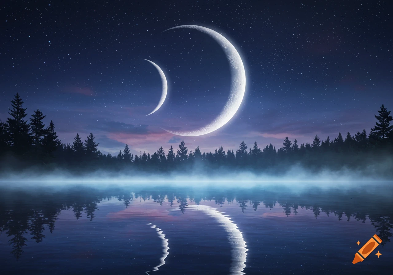 Two crescent moons illuminate a misty night forest and lake, with reflections on the water, against a star-filled sky.
