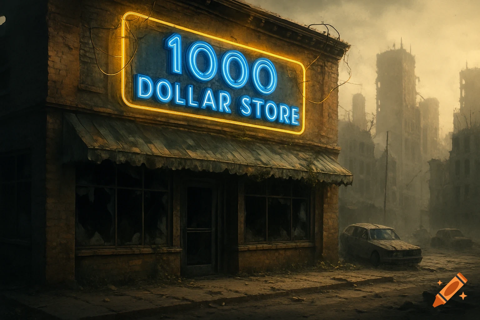 A neon sign for '1000 Dollar Store' on a dilapidated building in a post-apocalyptic cityscape with a rusty car.