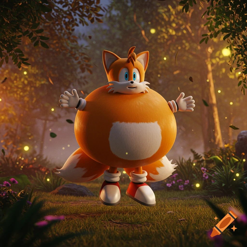 A cheerfully inflated Tails from Sonic floats in a magical forest at dusk with glowing fireflies.