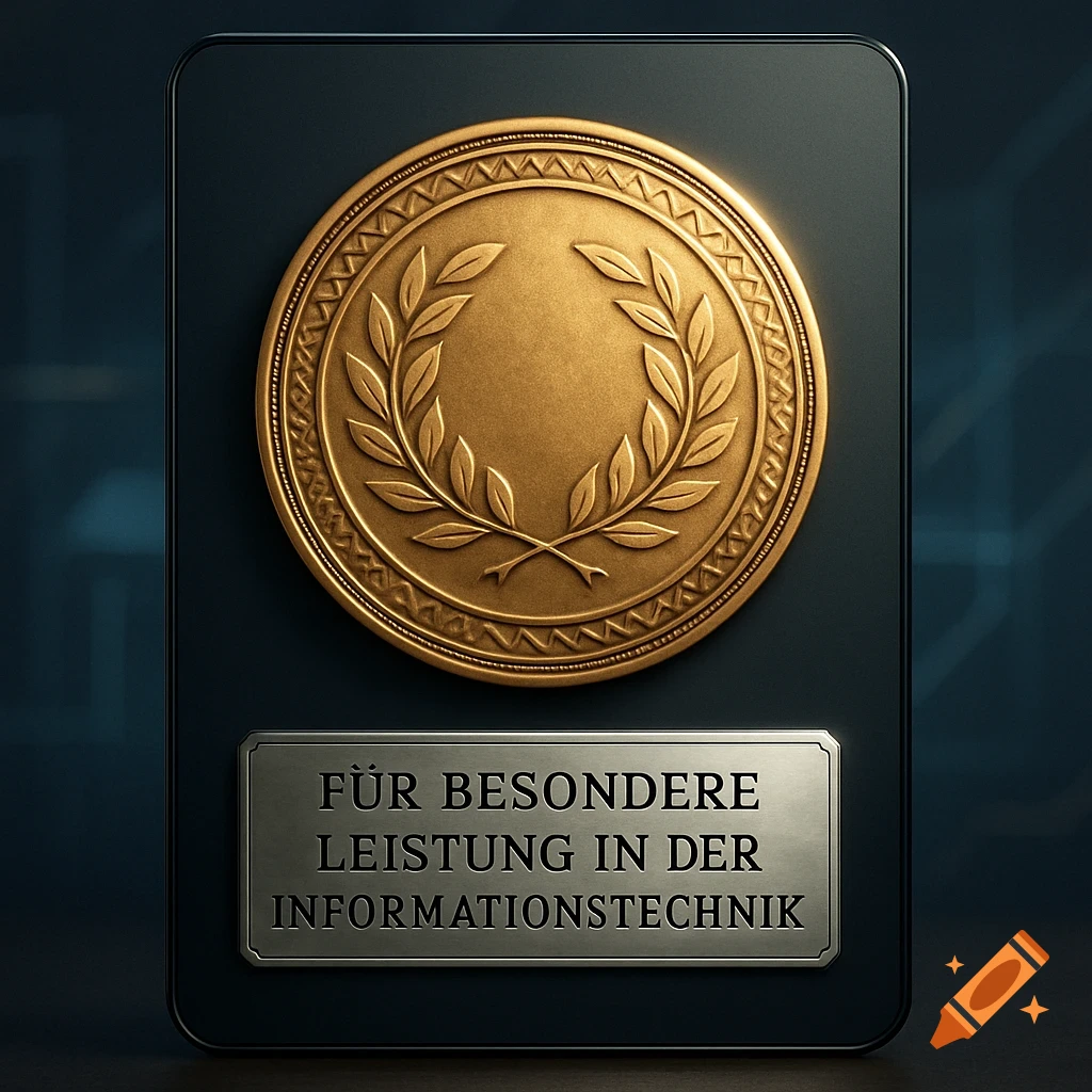 A gold medal with a laurel wreath on a dark plaque, with a silver plate inscribed "FÜR BESONDERE LEISTUNG IN DER INFORMATIONSTECHNIK" below.