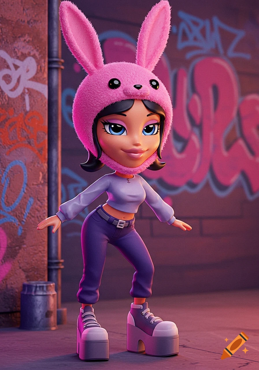 A stylized Bratz doll-like character wearing a pink bunny hat, purple top, purple pants, and large platform shoes stands in an alley with graffiti.