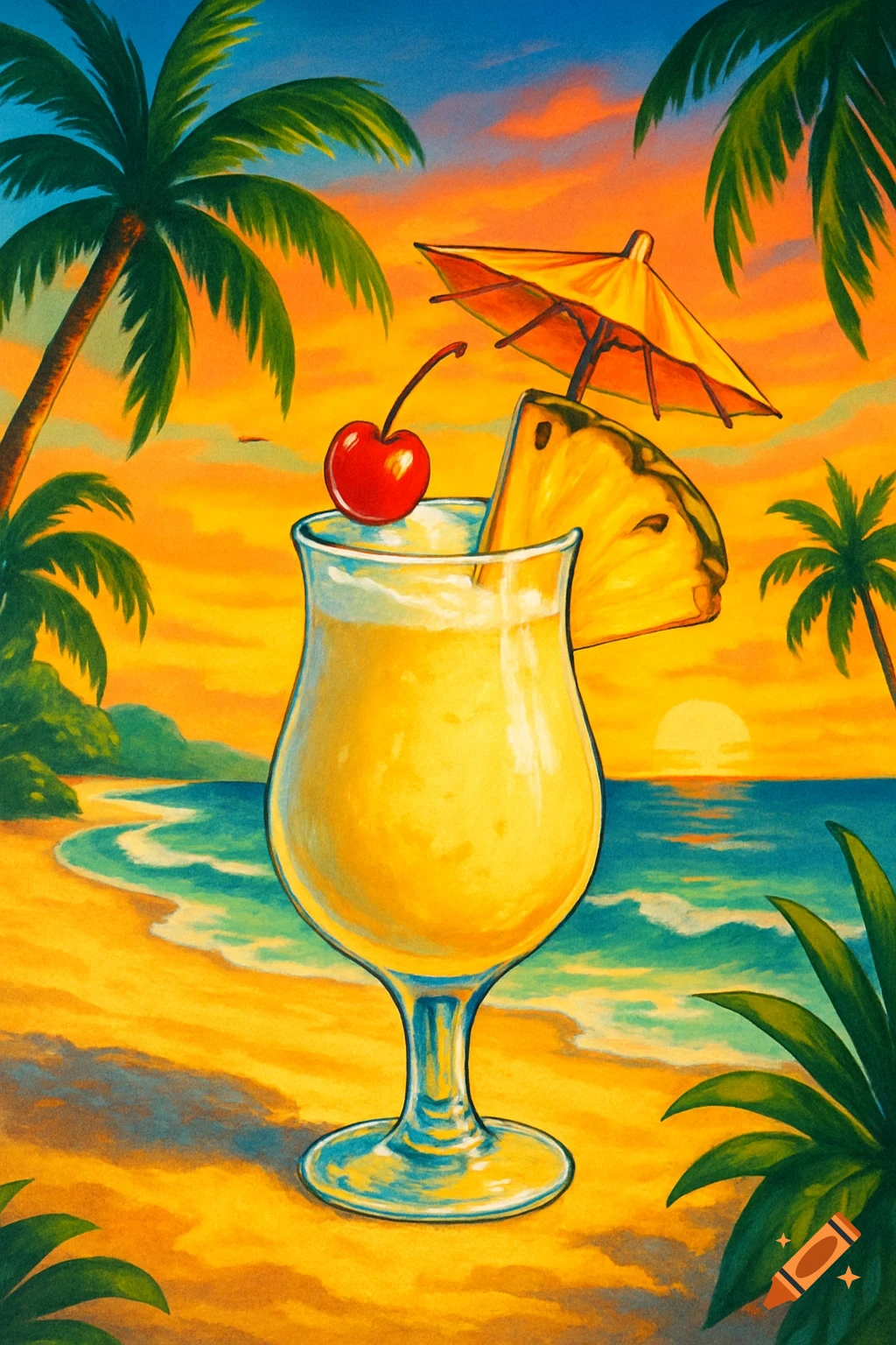 Vibrant illustration of a piña colada on a tropical beach at sunset, with palm trees and a drink umbrella.