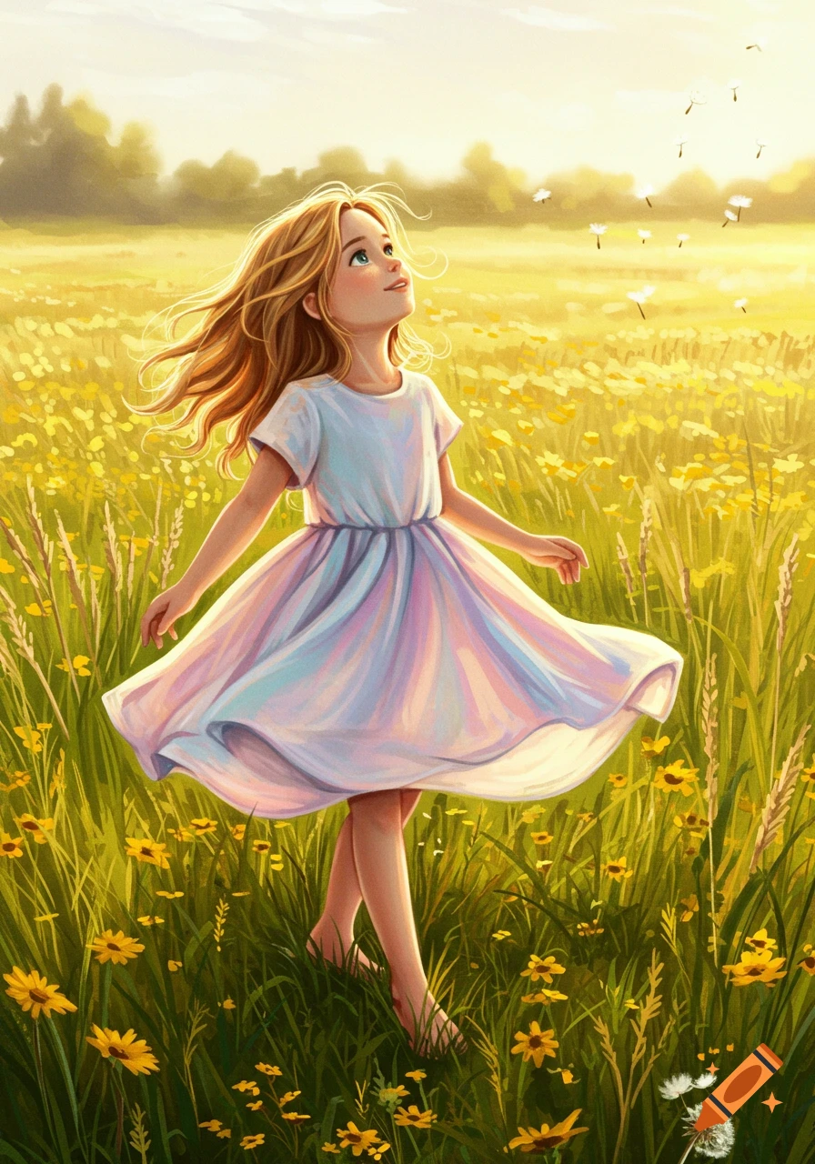 An illustrated young girl with long blonde hair in a pastel dress stands in a sunny field of yellow flowers, looking up at dandelion seeds.