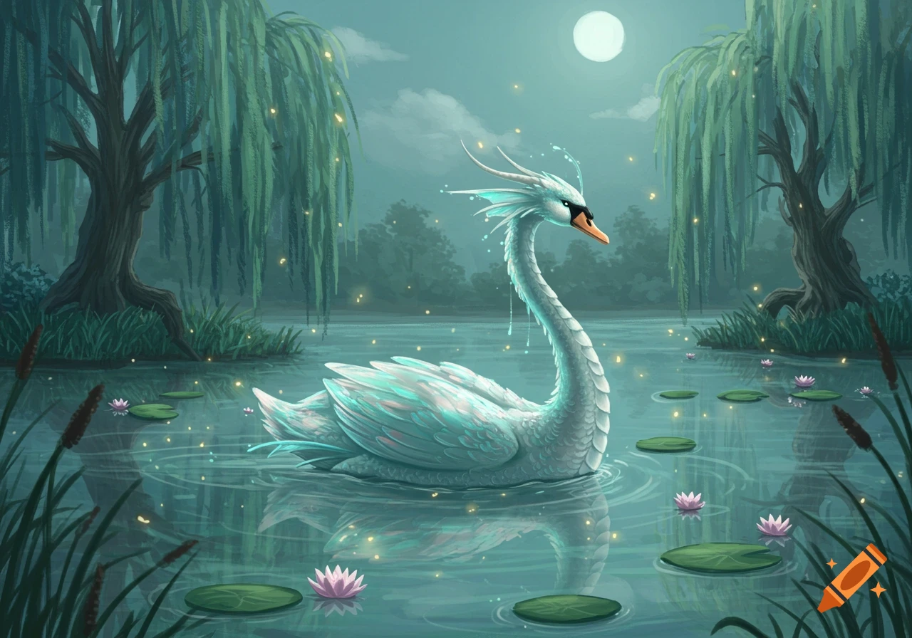 A majestic white and teal fantasy swan floats on a magical pond with lily pads, glowing fireflies, and willow trees under a full moon.