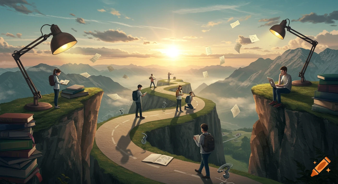Students study along a winding mountain path, illuminated by giant desk lamps, with floating papers and a sunrise backdrop.