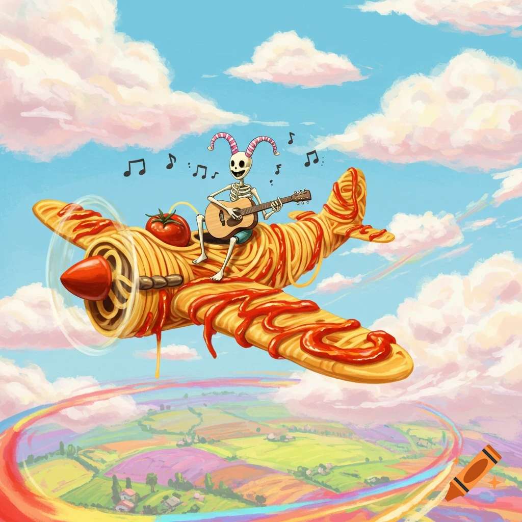 A whimsical skeleton with horns plays guitar on a spaghetti plane with sauce, flying over a colorful landscape under a blue sky.