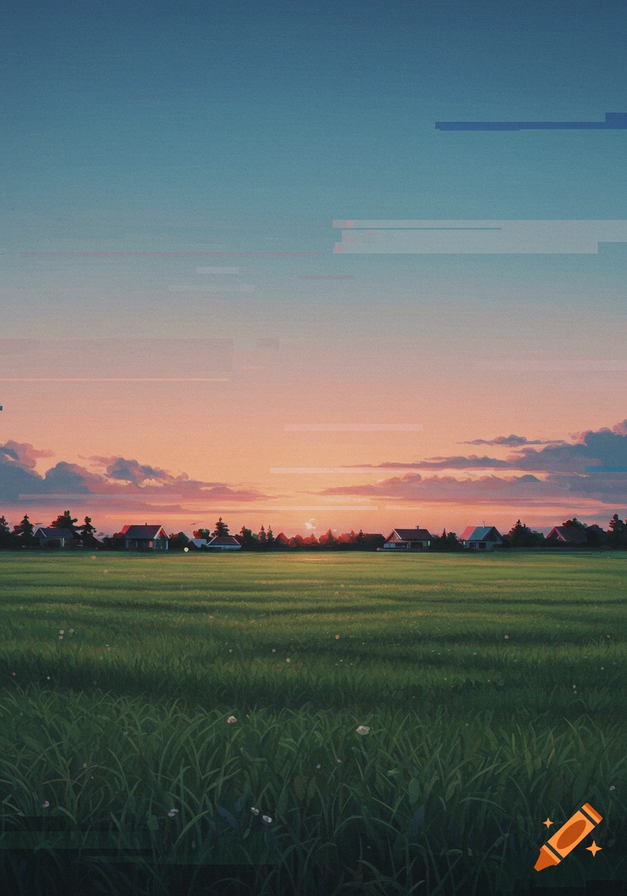 A pixelated, glitchy digital art landscape of a green field stretching towards houses under a vibrant sunset sky.