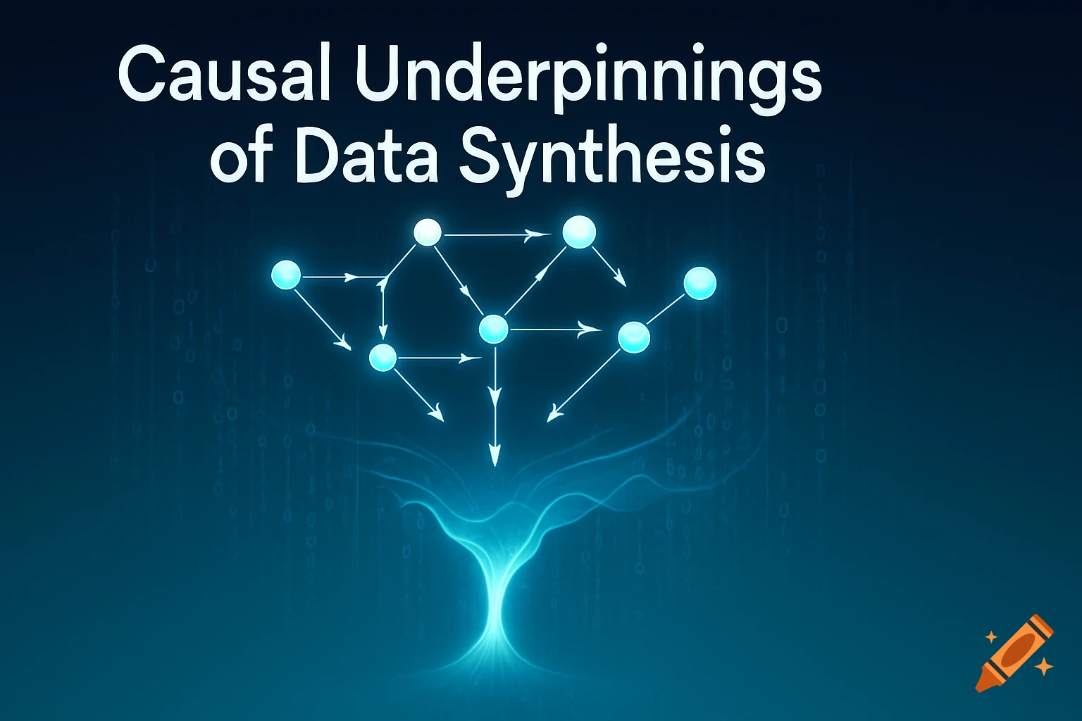 Glowing causal network diagram with nodes and arrows representing data synthesis on a blue background with binary code.