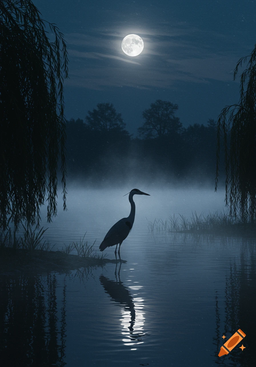 A heron stands in a misty lake under a bright full moon, with willow branches framing the scene.