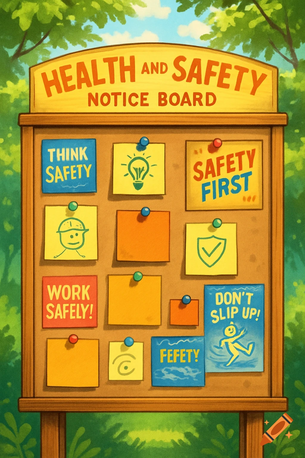 Cartoon illustration of a health and safety notice board in a park, with notes like 'Think Safety' and 'Safety First'.