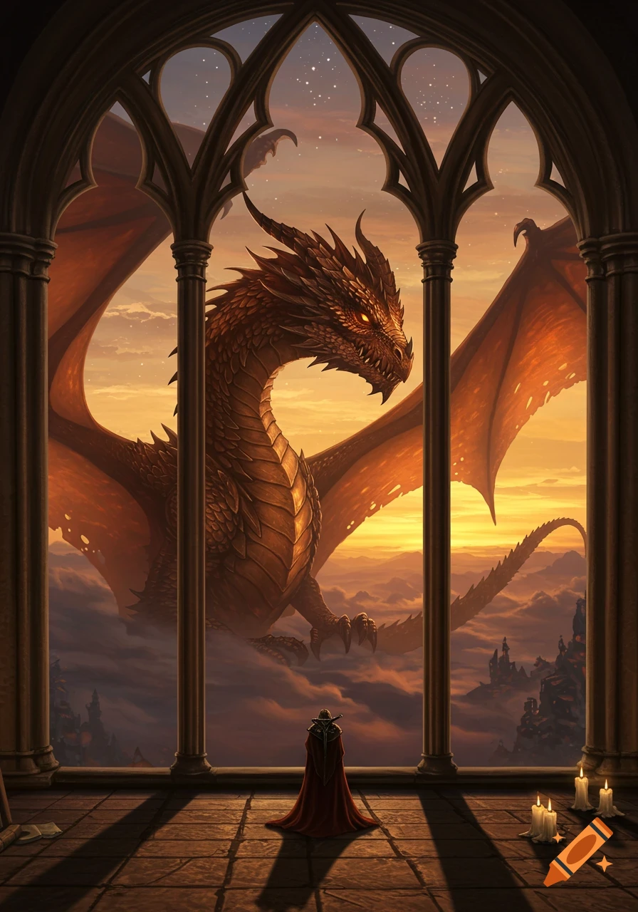 A person in a red cloak views a massive dragon soaring through clouds at sunset from inside a gothic window, with distant castles.