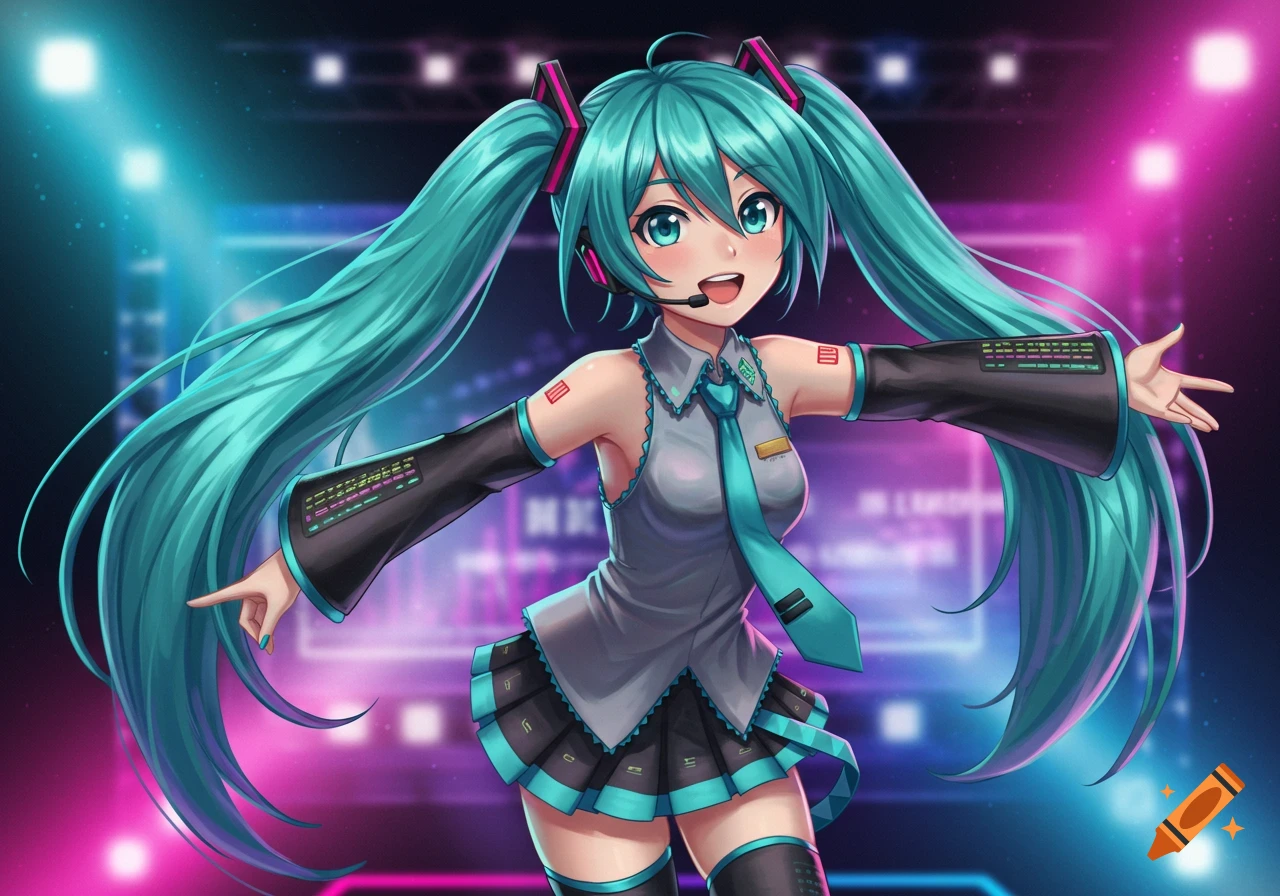 A vibrant anime character, Hatsune Miku, with long turquoise pigtails and a headset, smiling on a stage with neon lights.