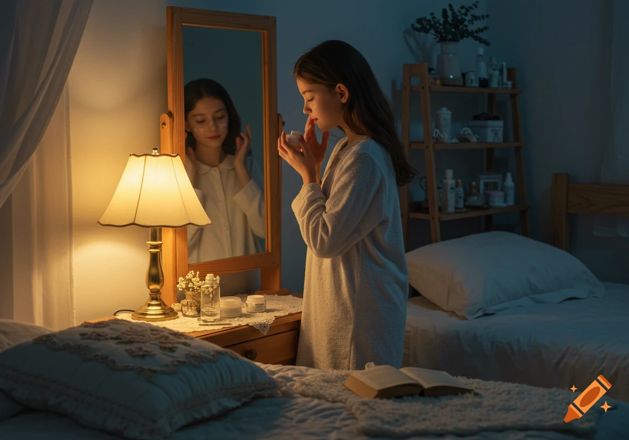 Young girl in a robe applies face cream, reflected in a mirror in a dimly lit bedroom with a glowing lamp on a bedside table. Photorealistic.