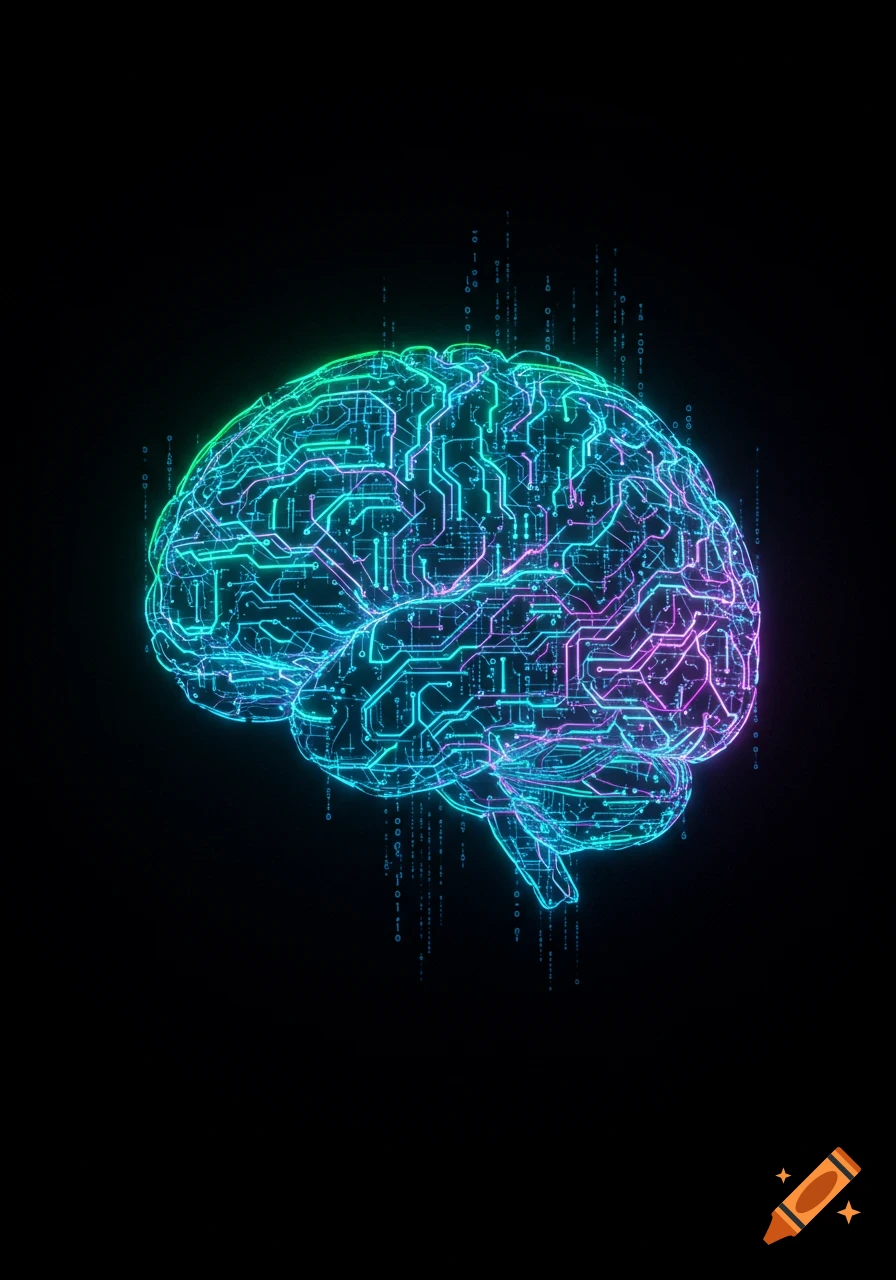 A glowing, neon-colored circuit board forms the shape of a human brain, with binary code falling around it against a dark background, representing AI and digital thought.
