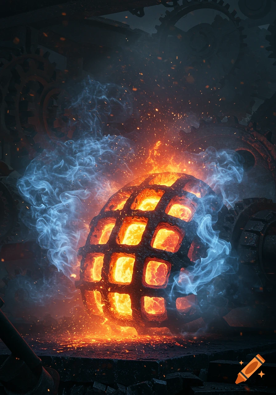 A glowing caged sphere enveloped in orange fire, sparks, and blue smoke against a dark, industrial background with gears, photorealistic.