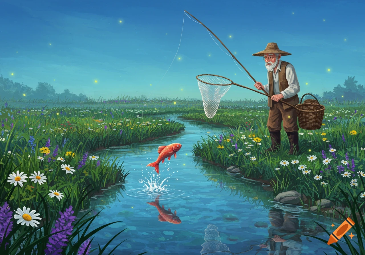An old man in a straw hat stands by a stream in a glowing meadow, holding a fishing net as a red fish leaps from the water.