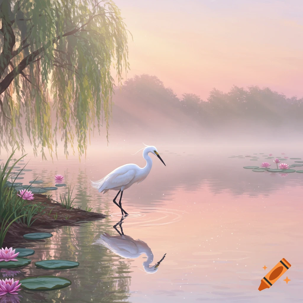 A white egret stands in misty pink water with lotus flowers under a weeping willow tree at dawn, digital painting.