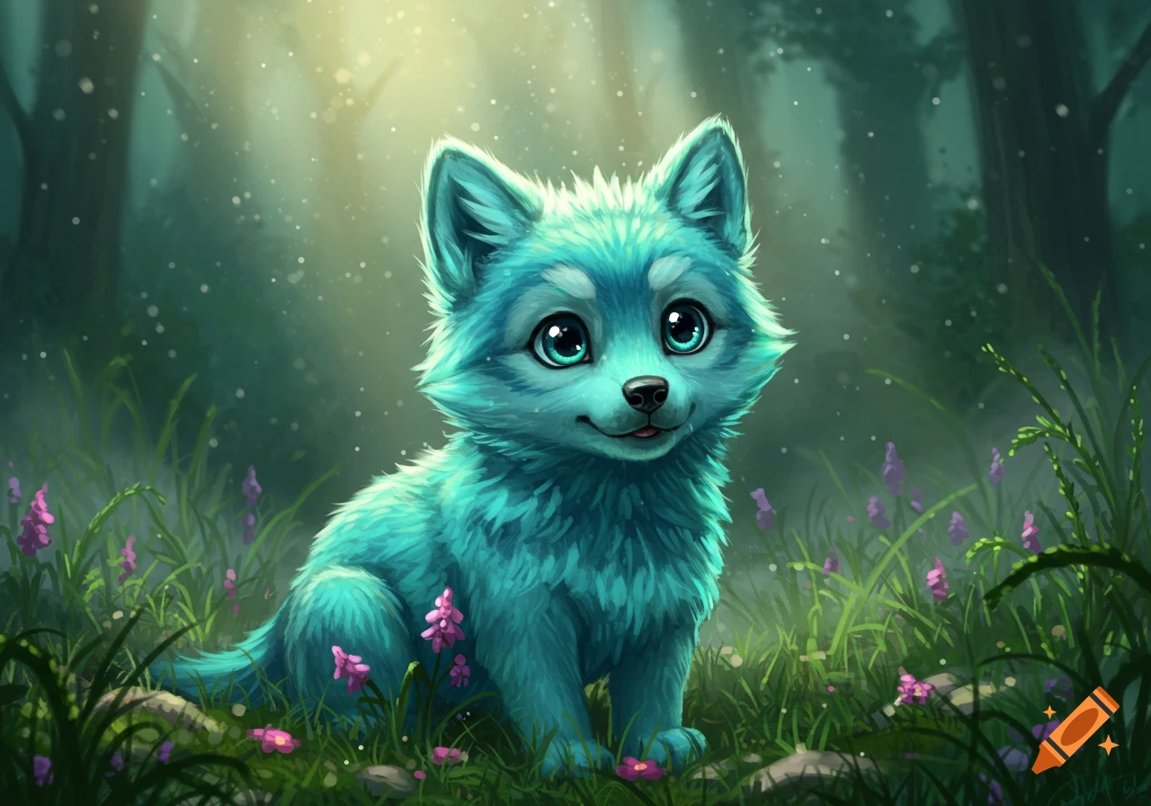 A cute teal wolf cub with big eyes sits in a forest clearing surrounded by grass and pink flowers, in a digital painting style.