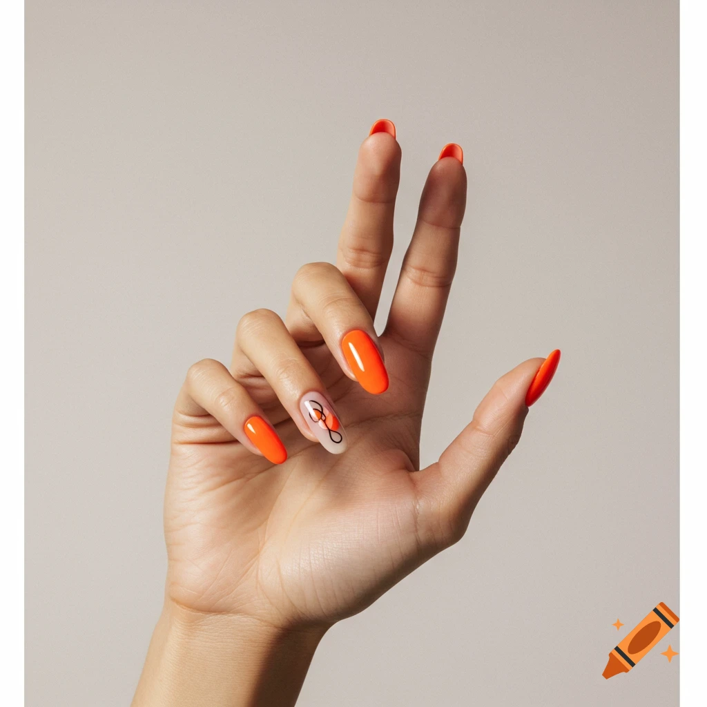 A woman's hand with glossy orange nails, two with abstract black and orange designs, against a bright background.