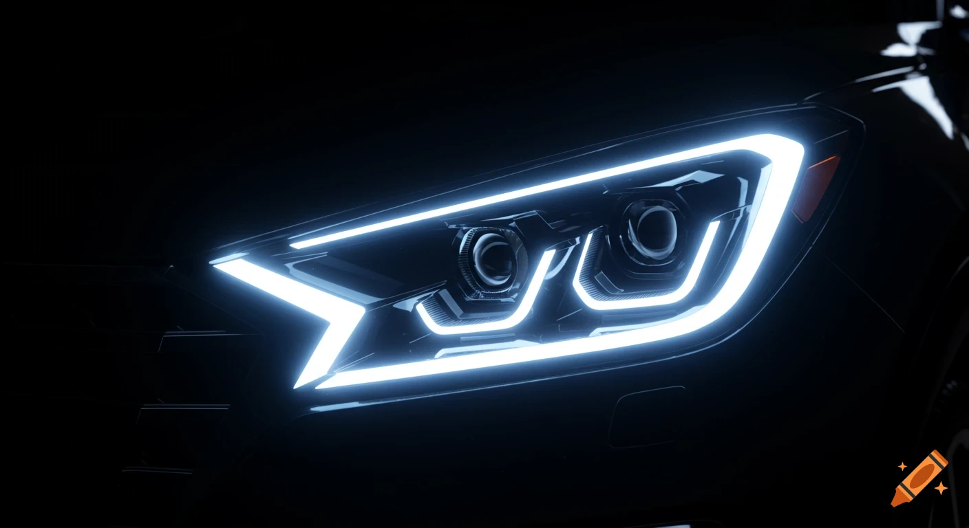Close-up of a modern car headlight featuring bright white LED daytime running lights and projectors, against a dark background.