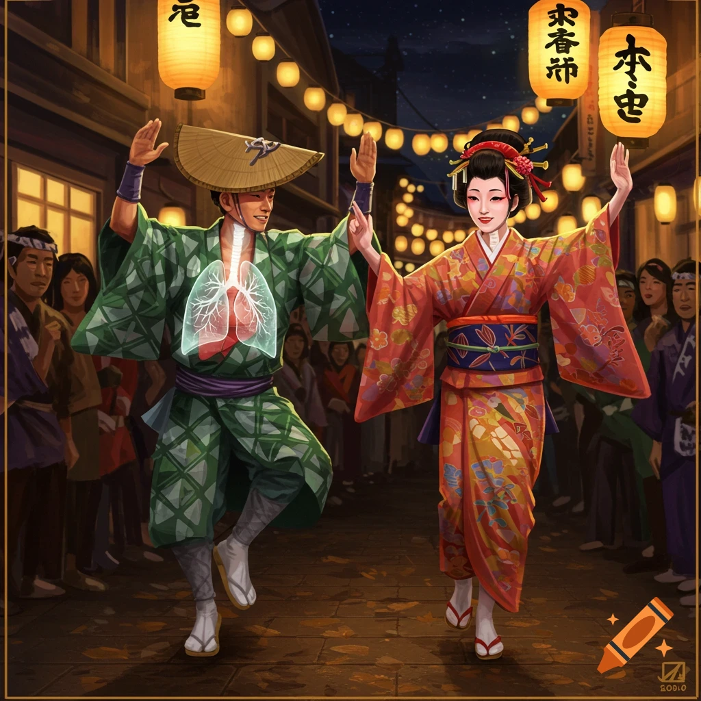 An illustrated scene of a man and woman in traditional Japanese Awa Odori costumes dancing at night, with the man's glowing lungs visible.