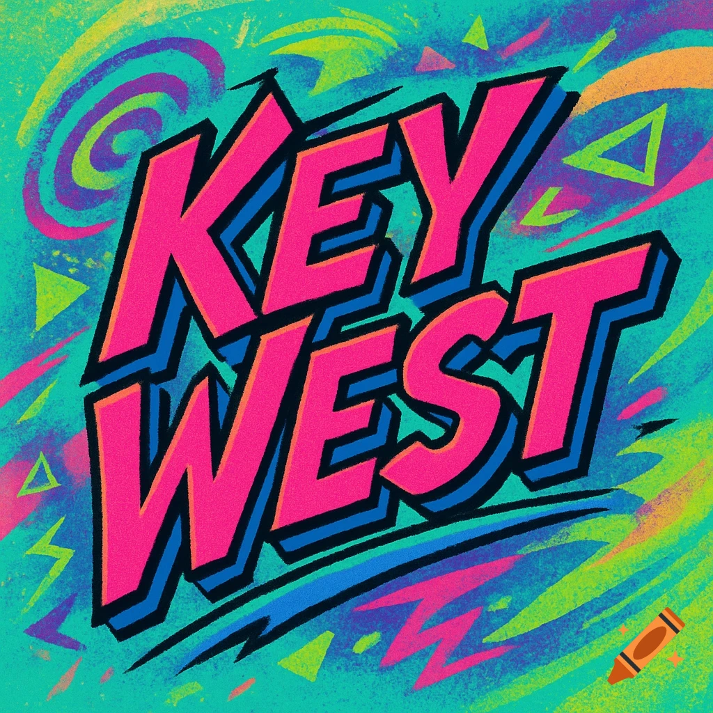 Vibrant, retro 90s style graphic with the text "KEY WEST" in bold pink, blue, and black, on a teal background.