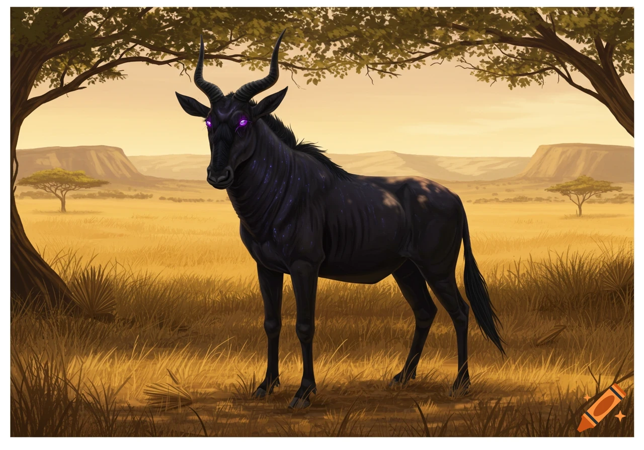 A dark fantasy wildebeest-like creature with glowing purple eyes stands in a golden savanna under a clear sky.