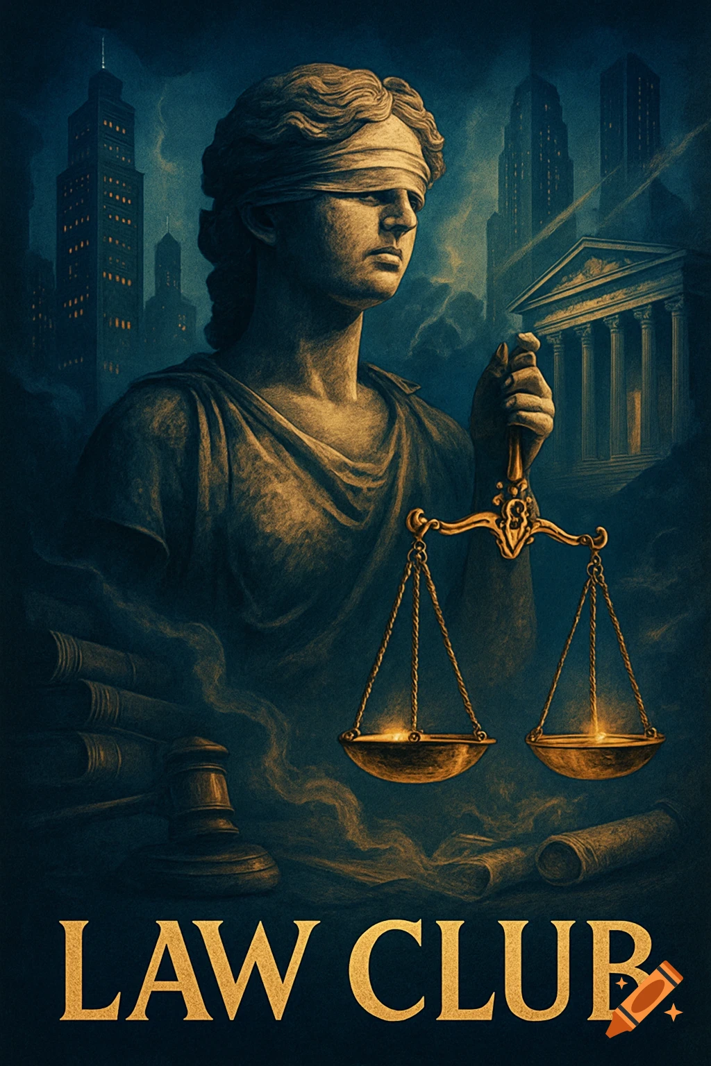 A blindfolded Lady Justice statue holding scales, with law books and city buildings in the background, text reads 'LAW CLUB'.