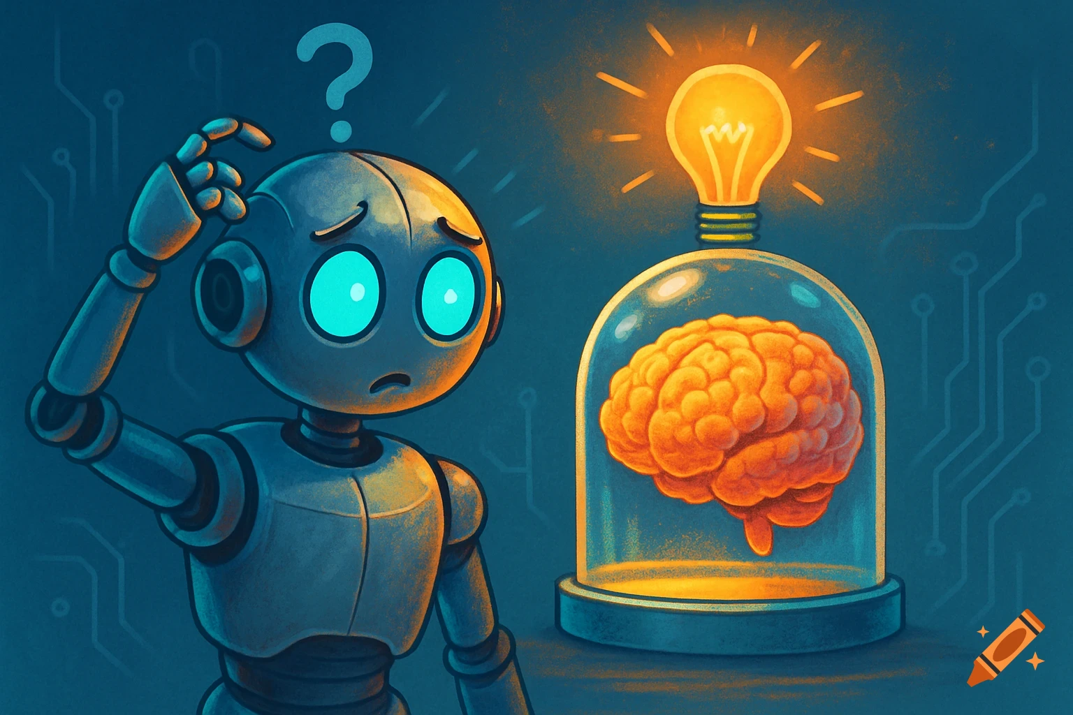 A confused robot scratches its head, looking at a human brain under a glass dome with a glowing lightbulb, against a circuit board background, digital illustration.