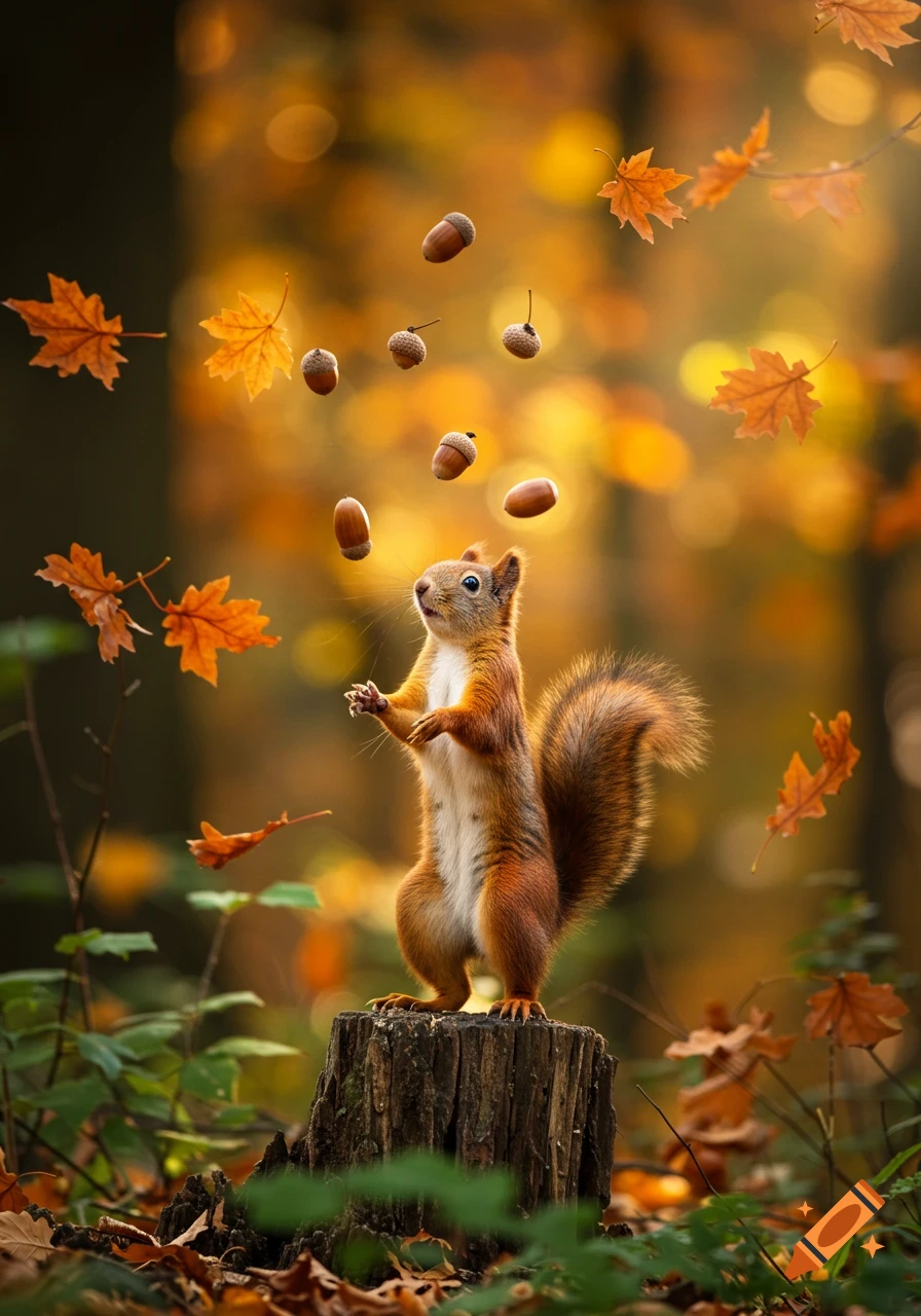 A photorealistic squirrel stands on a tree stump, looking up at several acorns and autumn leaves falling around it in a warm, bokeh-filled forest.