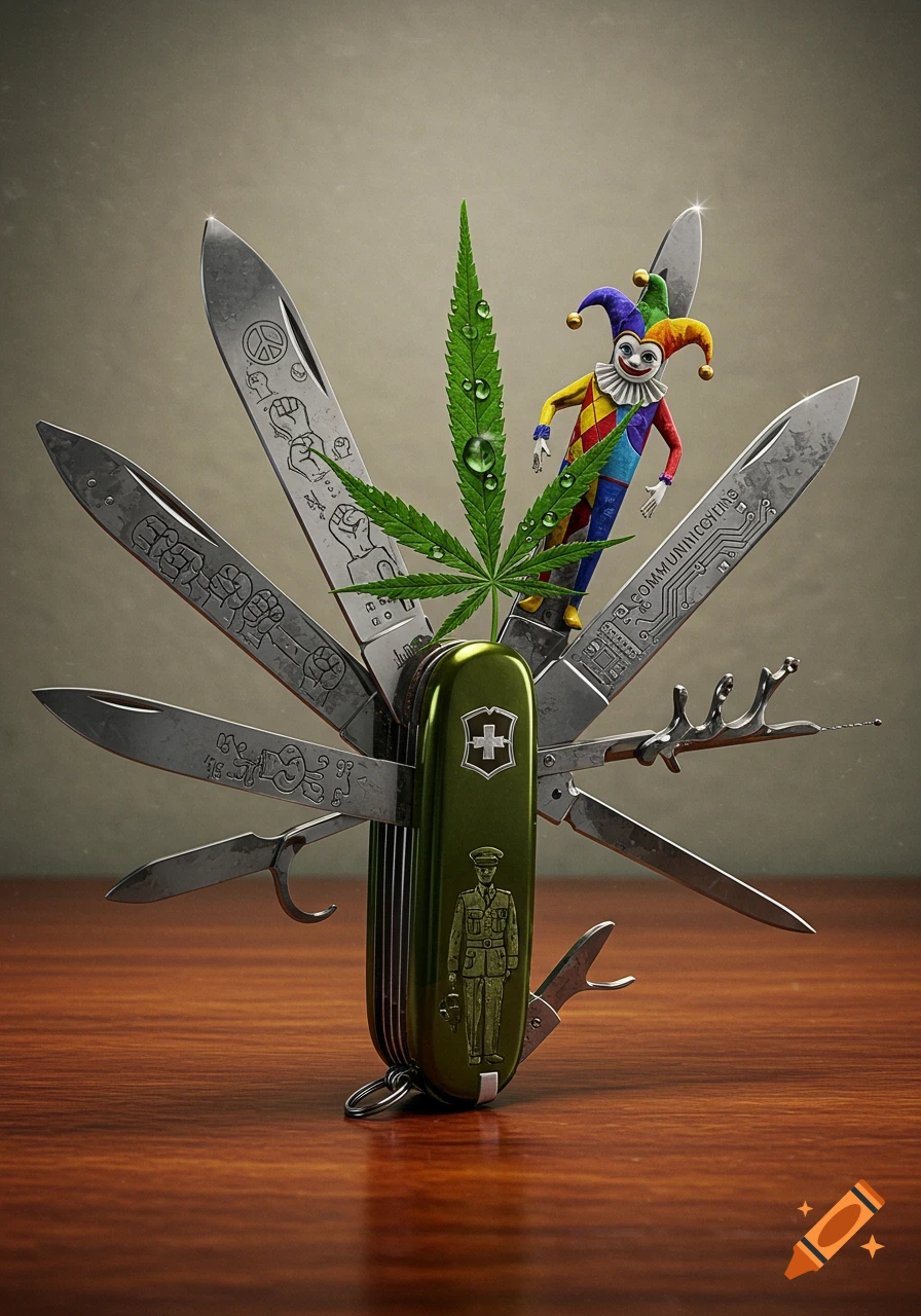 A green Swiss army knife stands upright with multiple blades extended, featuring a cannabis leaf, a jester, and various symbols and garbled text on its tools.