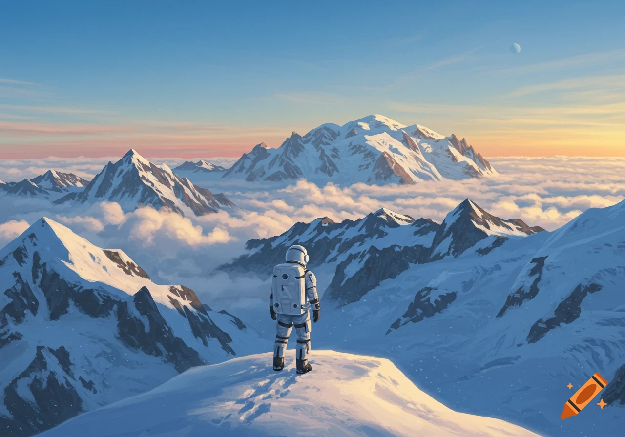 An astronaut stands on a snowy mountain peak, overlooking cloud-filled valleys and distant mountains at sunset, with a moon in the sky.