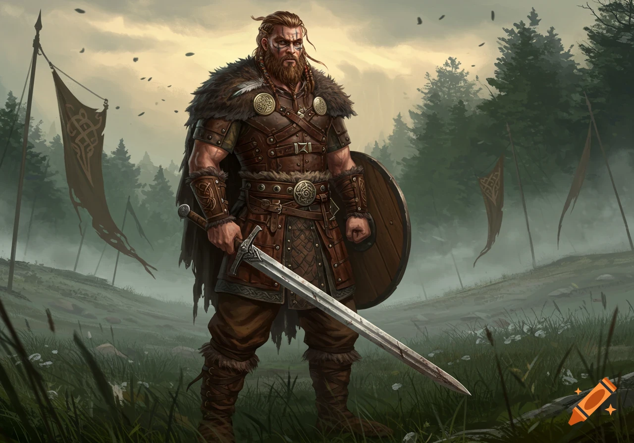 A powerful bearded Viking warrior in leather and fur armor stands with a sword and shield in a misty forest clearing with banners.