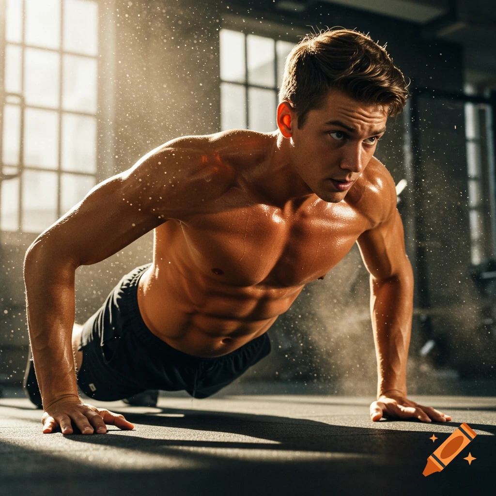 A muscular, shirtless man doing push-ups in a sunlit gym, looking focused.