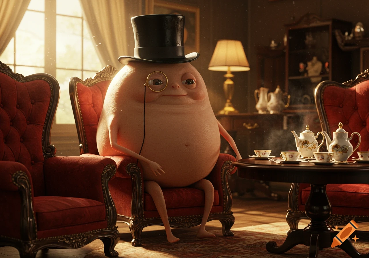 A hyperrealistic, bald, egg-shaped creature with a top hat and monocle sits in a red armchair, facing a tea set in a lavish room.