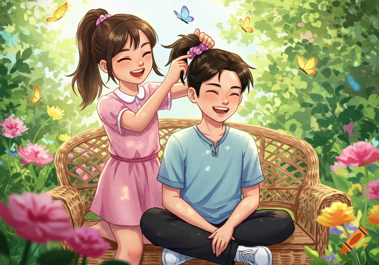 A smiling cartoon girl in a pink dress ties the hair of a smiling cartoon boy with a scrunchie in a sunny garden.
