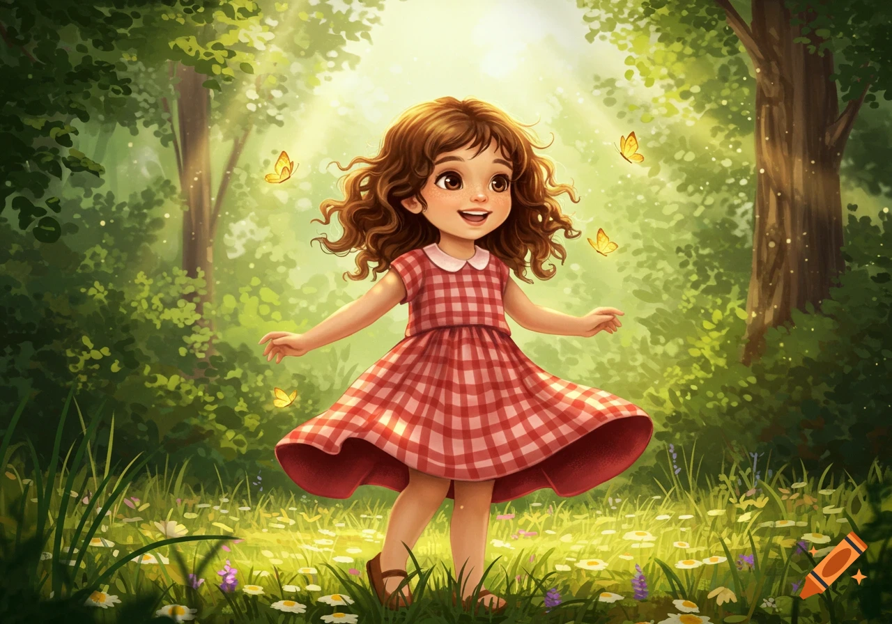A happy cartoon girl with curly brown hair in a red plaid dress dances in a sunny forest field with wildflowers and butterflies.