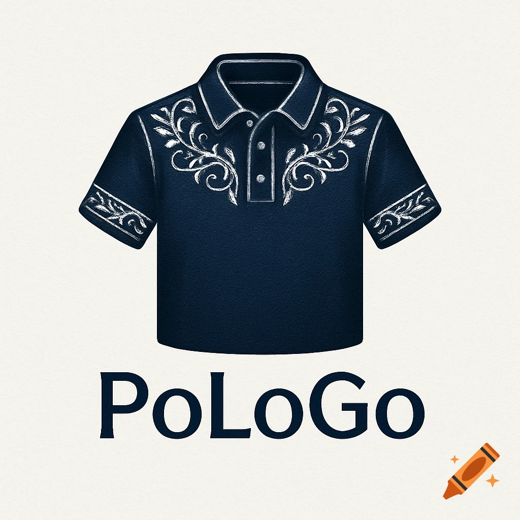 A dark blue polo shirt with white embroidered floral patterns above the text 'PoLoGo' on a light background.