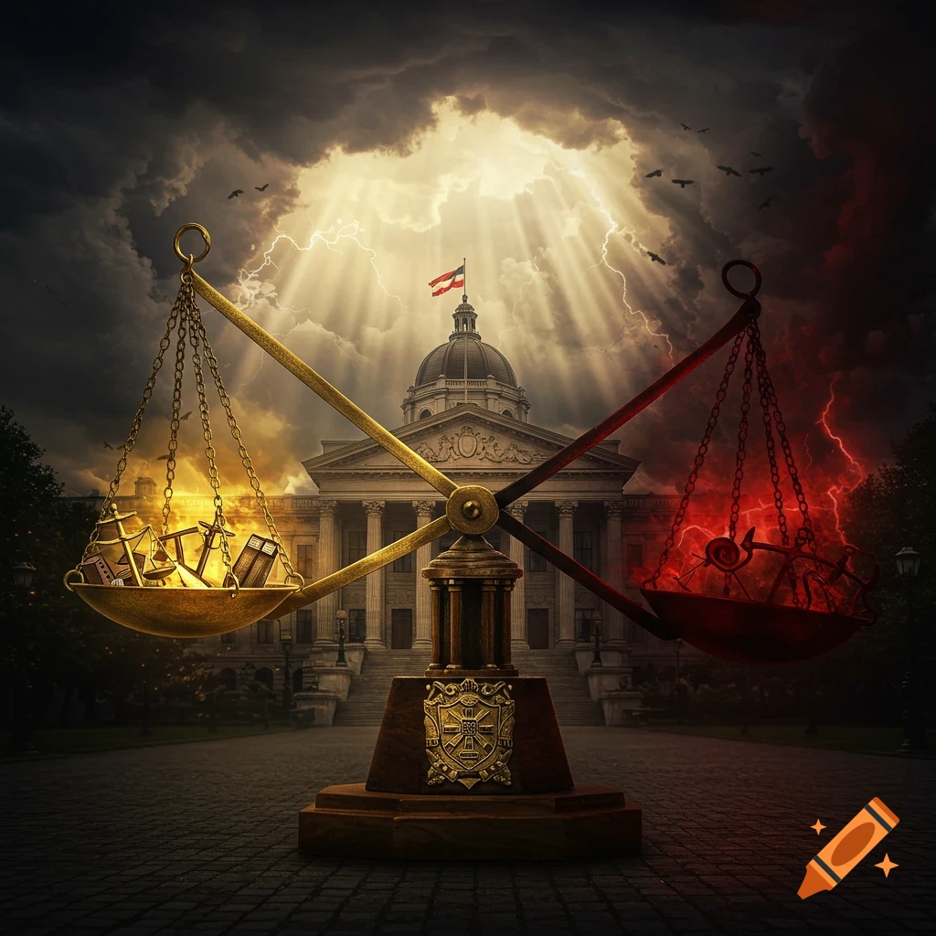 Dramatic scales of justice in front of a government building, with golden light on one side and red lightning on the other.