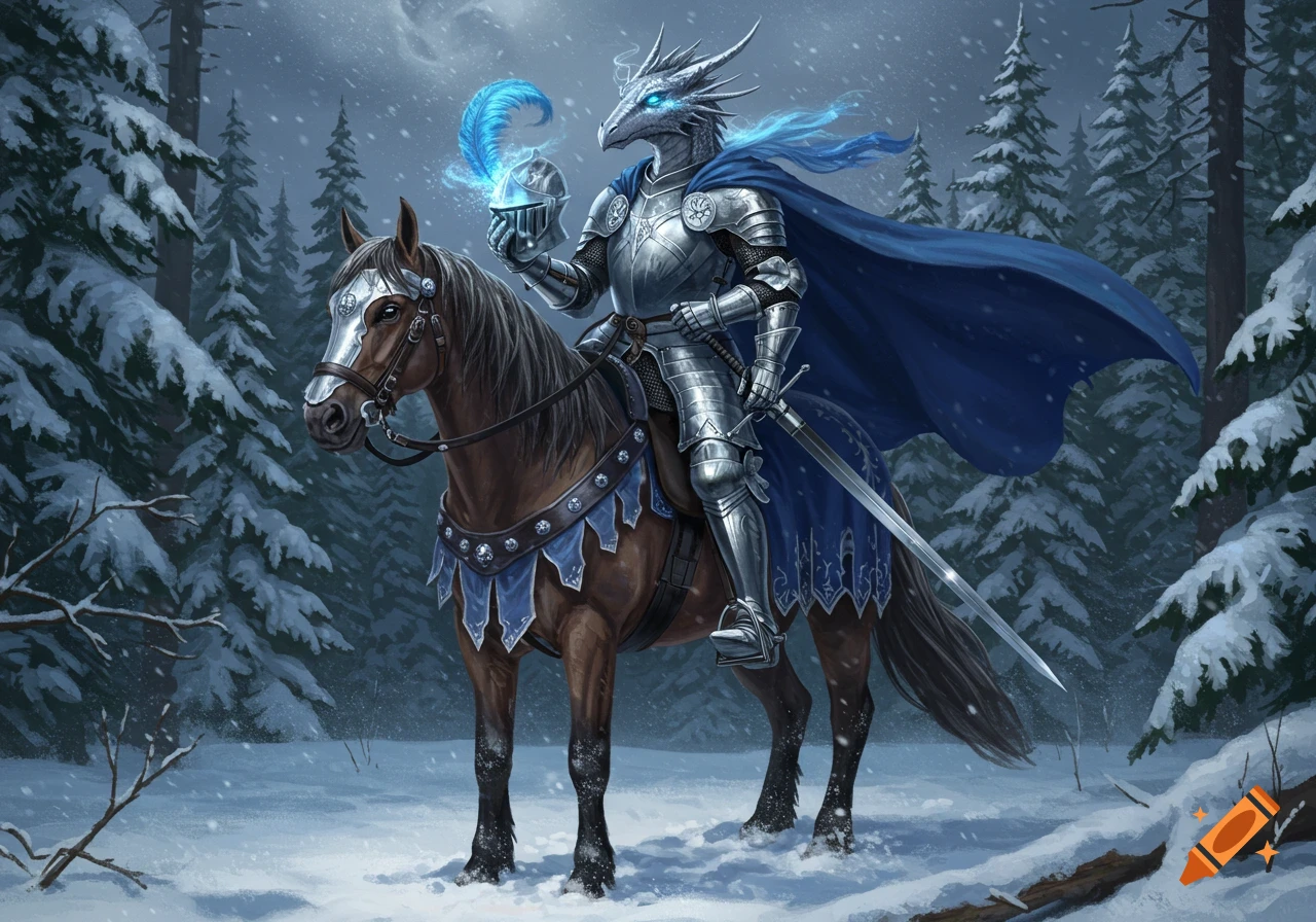 A silver dragon knight in ornate steel armor and blue cape, holding a plumed helmet and sword, rides a horse through a snowy forest.
