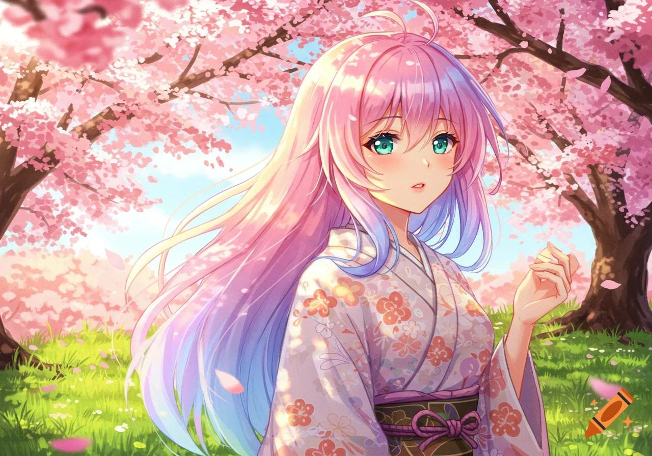 An anime girl with pink and blue gradient hair in a kimono stands under ...