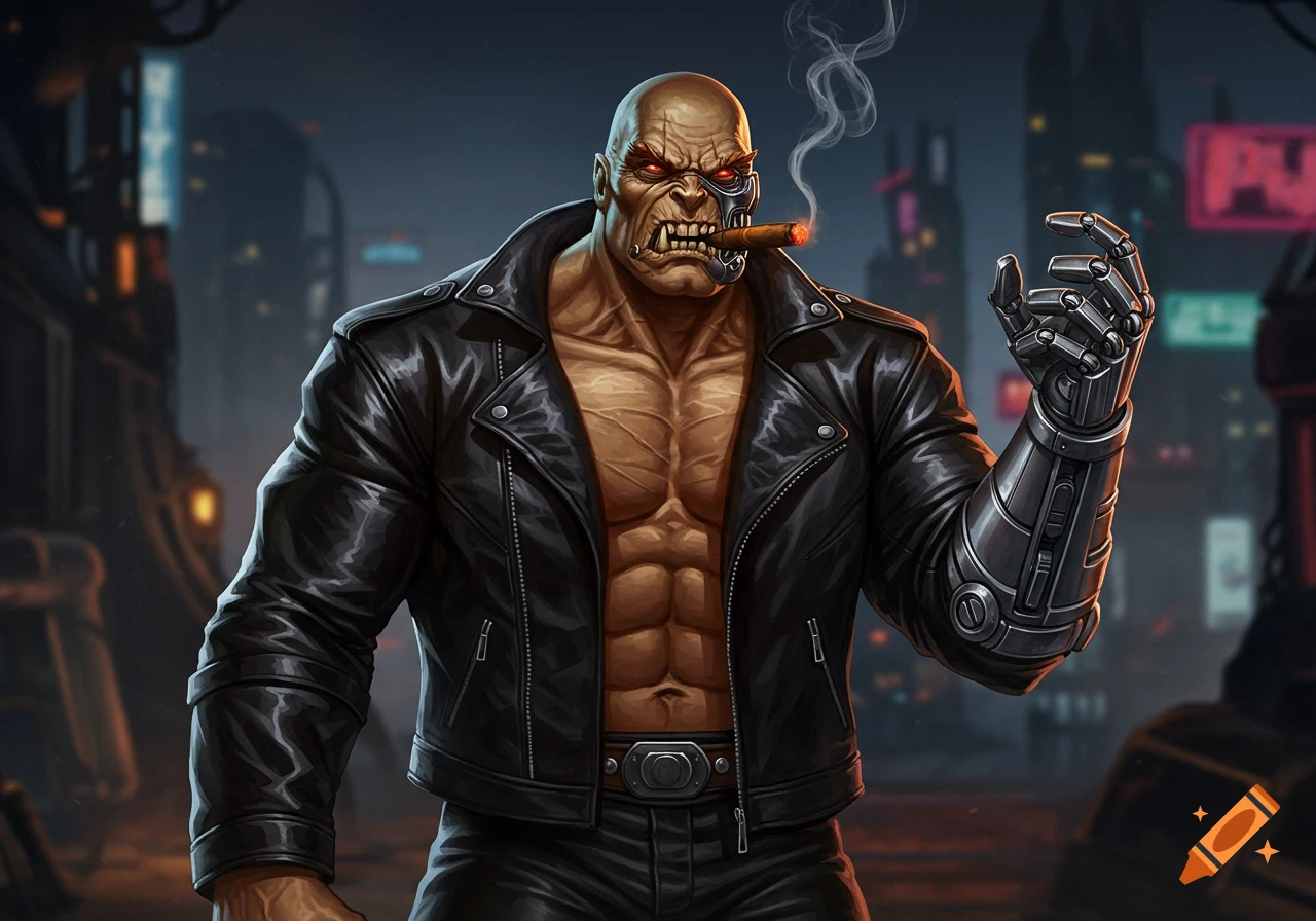 A muscular bald cyborg in a leather jacket smoking a cigar in a dark cyberpunk city.