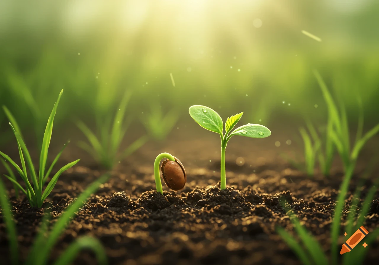 Two young green plant sprouts emerge from dark soil, one still a seed, bathed in warm sunlight.