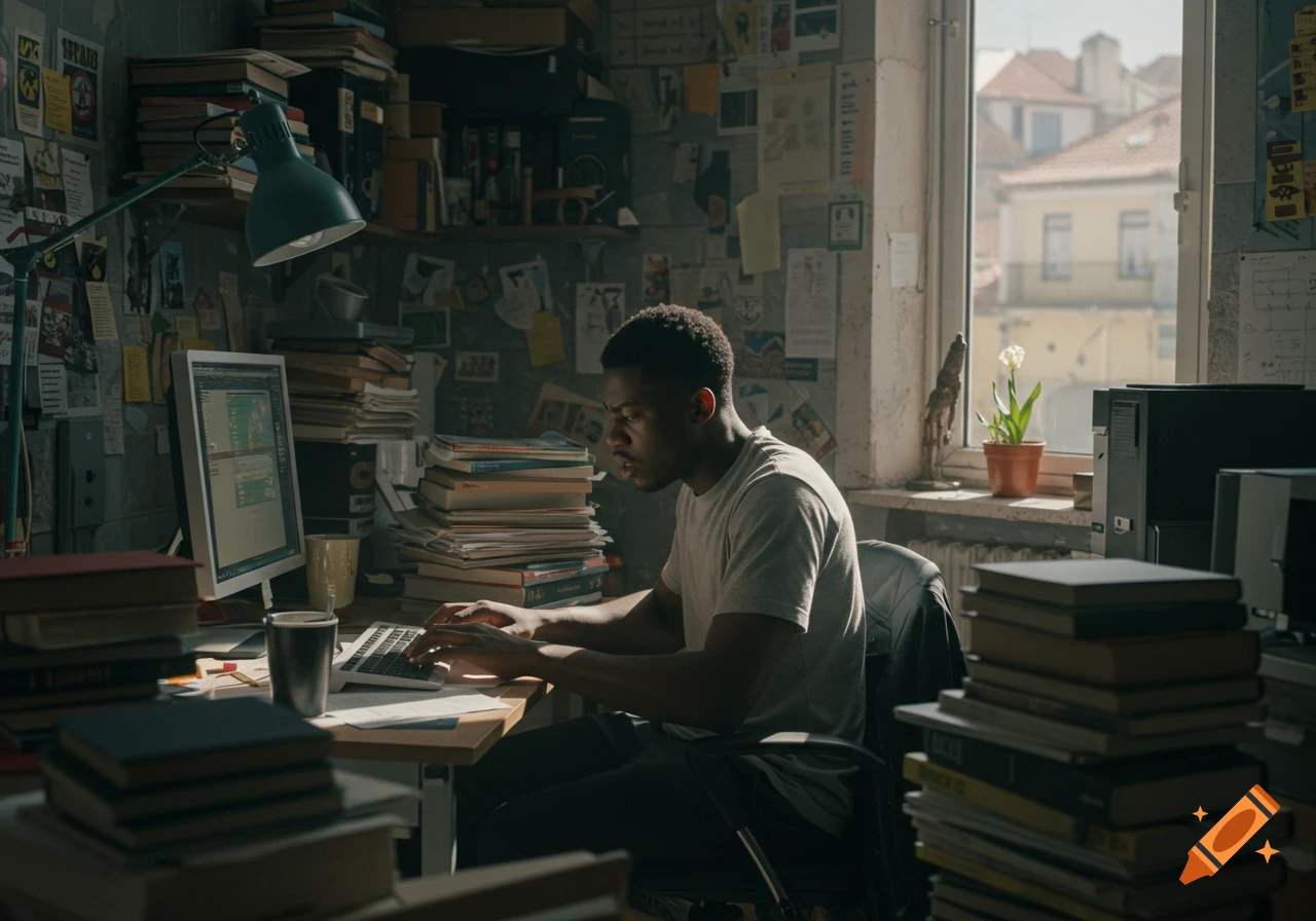 A young Black man sits at a cluttered desk, typing on a laptop, surrounded by piles of books and papers, in a dim, sunlit room.