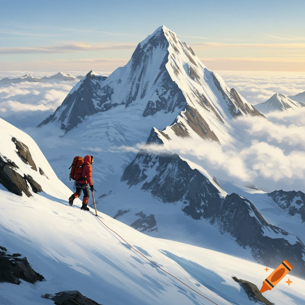 A climber in red gear ascends a snowy mountain slope with a rope, a vast, cloudy mountain range behind them. Photorealistic.