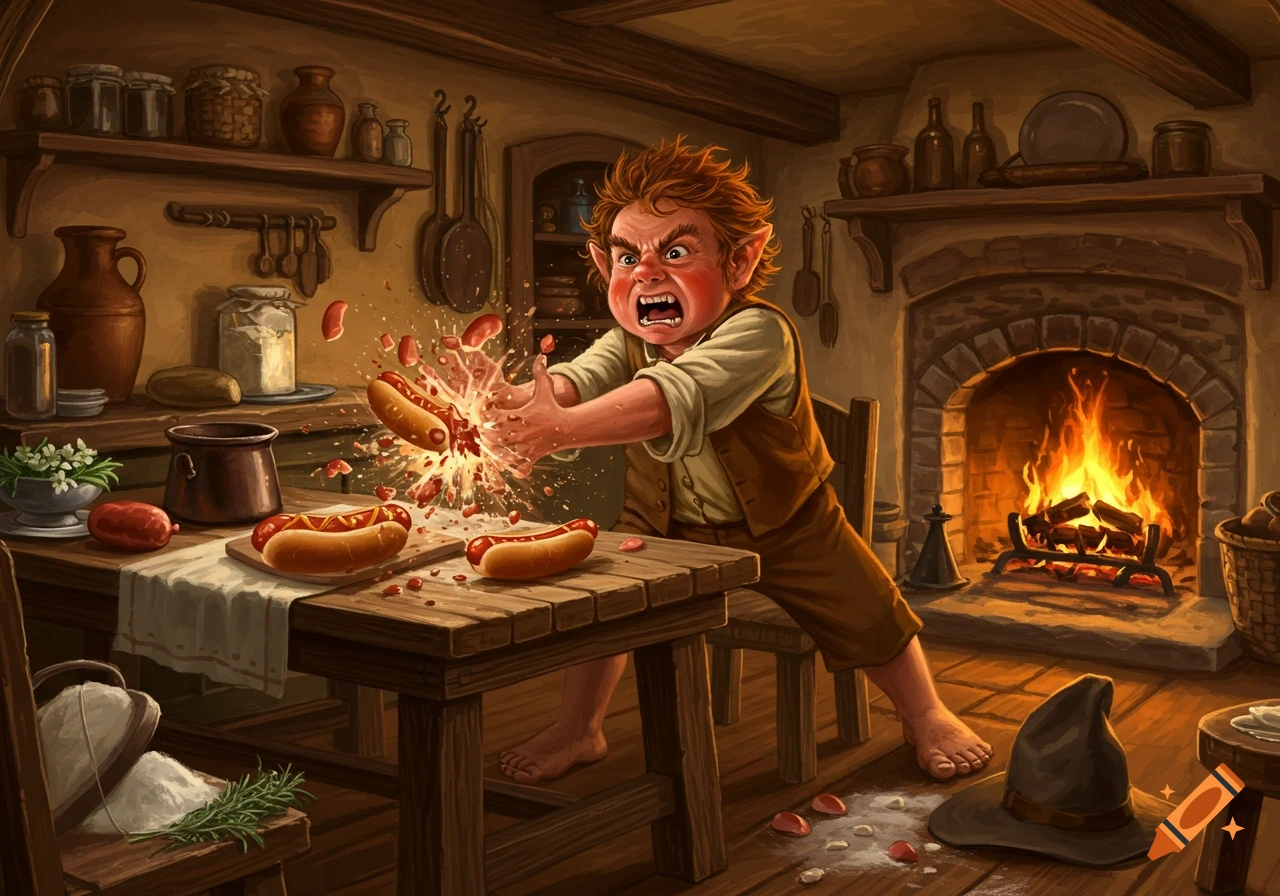 An angry, red-haired hobbit-like creature smashes a hotdog with its hands, causing an explosion of food in a rustic kitchen.