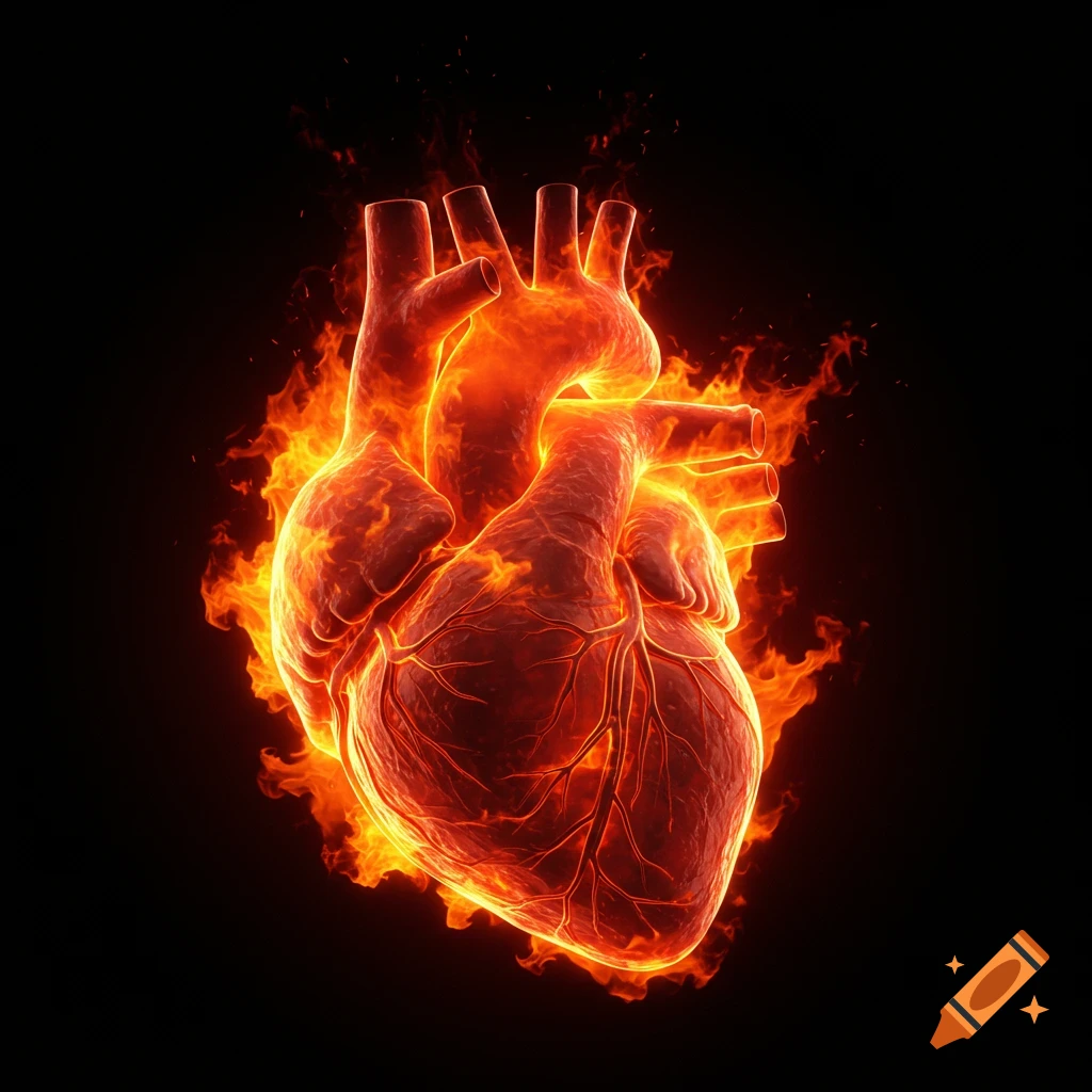 A realistic human heart engulfed in bright orange and red flames against a black background.