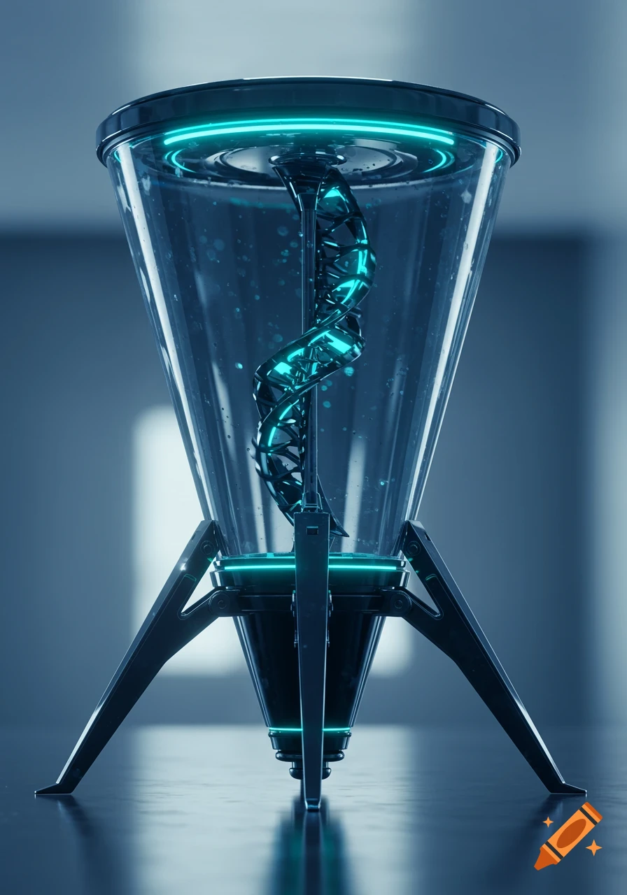 A sleek, cone-shaped glass vessel with a glowing blue-green geometric spiral inside, illuminated by neon lights.