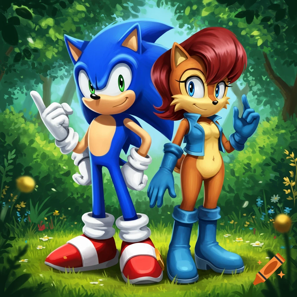 Sonic the Hedgehog and Princess Sally Acorn stand together in a vibrant green forest, pointing upwards in a cartoon style.